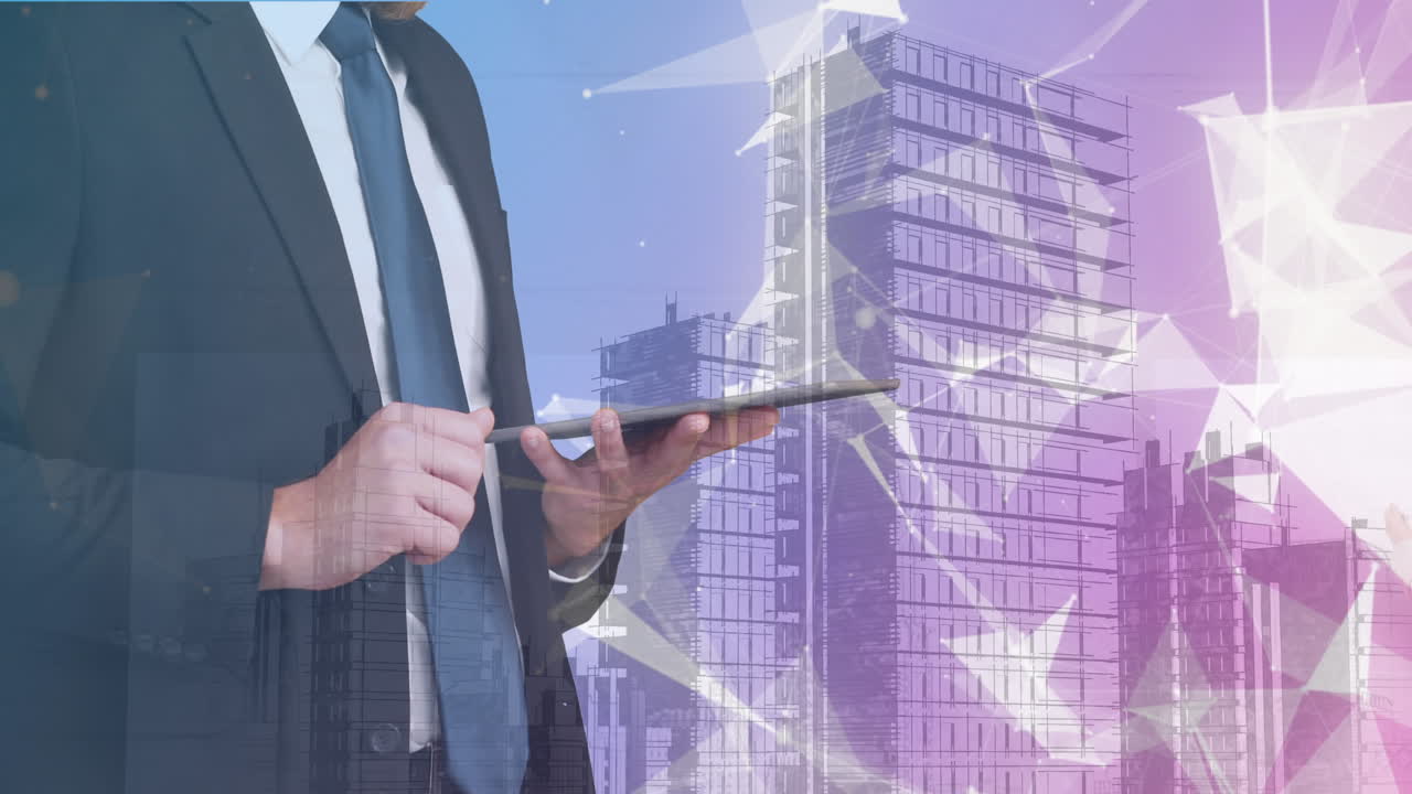 태블릿과 시티스케이프를 사용하는 사업가에 대한 연결 네트워크의 애니메이션