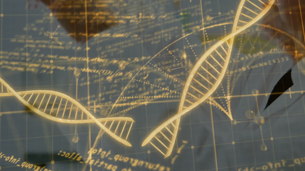 DNA strands and scientific data processing animation over laboratory background