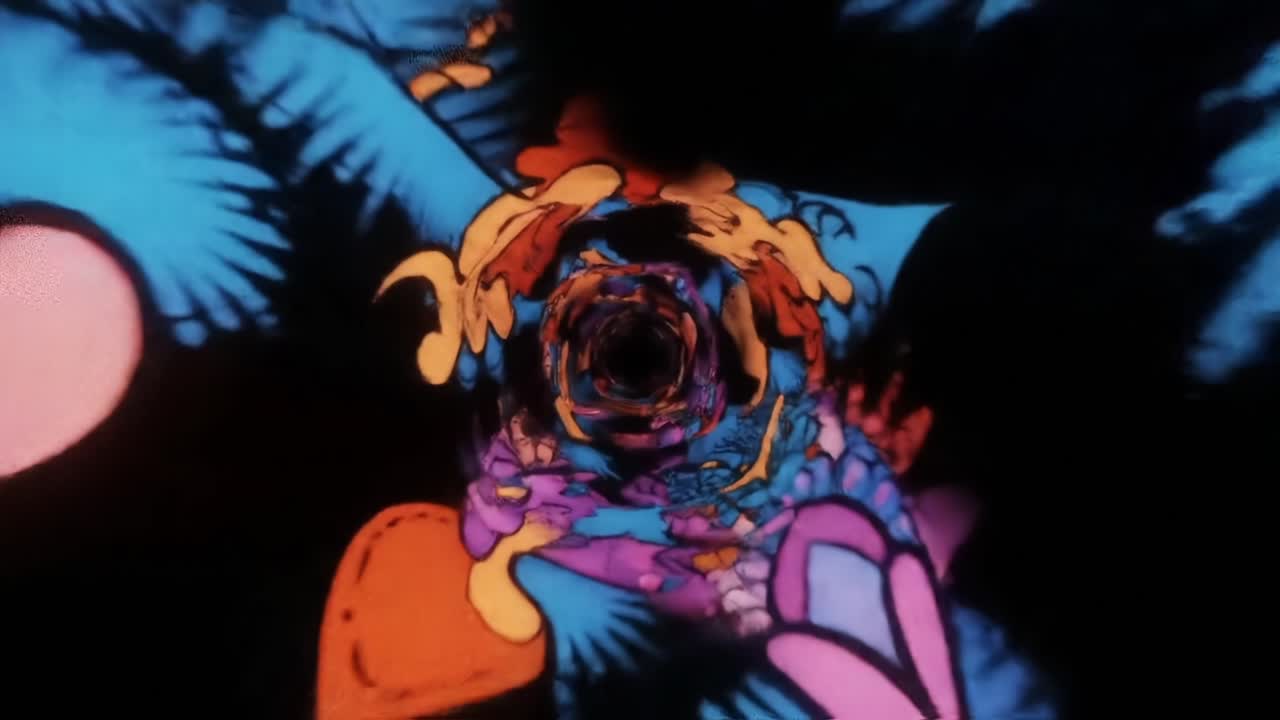 A mesmerizing spiral of vibrant colors and swirling patterns, depicted in two dynamic frames that explore the depths of distortion and artistic fluidity