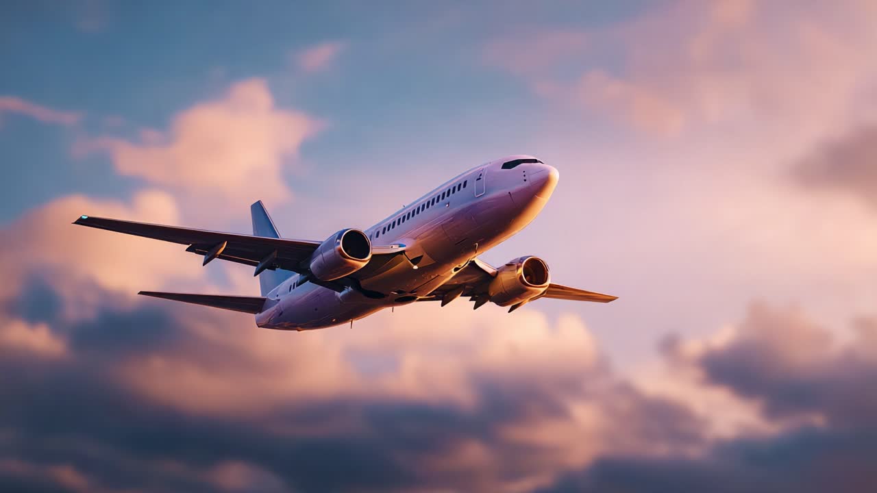 Una partenza mozzafiato: un aereo passeggeri decolla contro un bellissimo cielo al tramonto, ricco di nuvole colorate e sfumature dorate