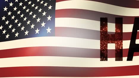 holiday fireworks in the form of a moving text - happy 4 th of july, on the waving national us flag background. 4k video of high quality 16x9. prores 422 hq.