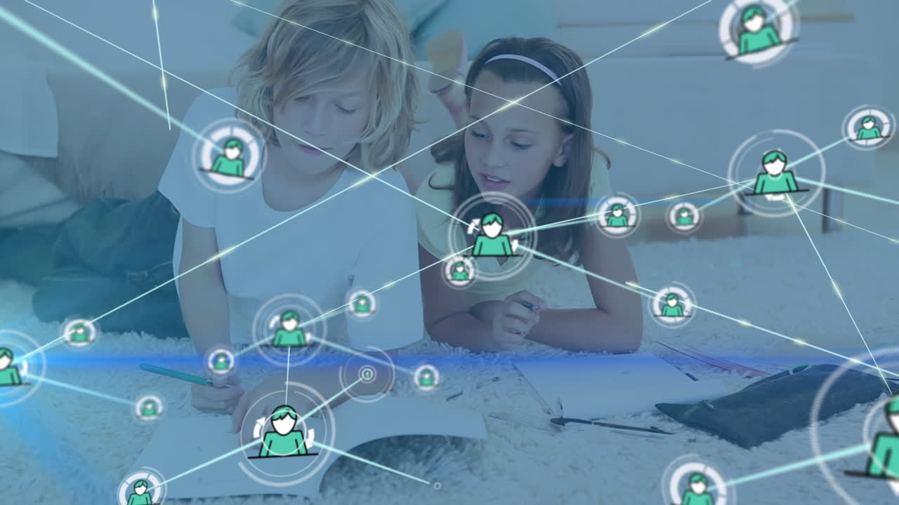 다양한 학교 학생들의 글쓰기에 대한 아이콘으로 연결된 네트워크의 애니메이션