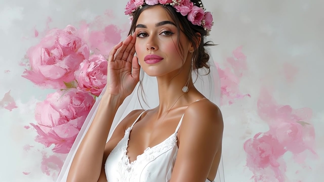 Giovane donna elegante che indossa una corona di fiori e un vestito di pizzo bianco in posa su uno sfondo floreale rosa