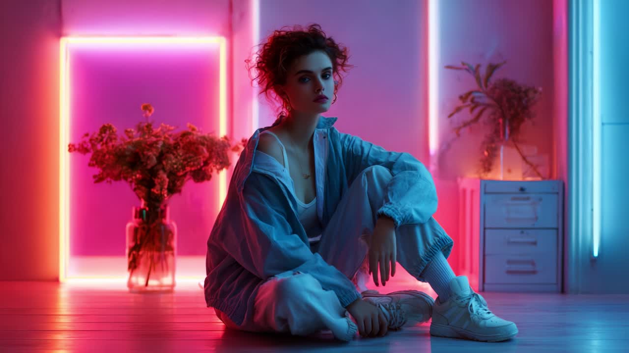 A captivating scene showcasing a young woman in a stylish outfit, sitting in a vibrant setting illuminated by colorful neon lights, creating an ambiance of modern artistry and fashion