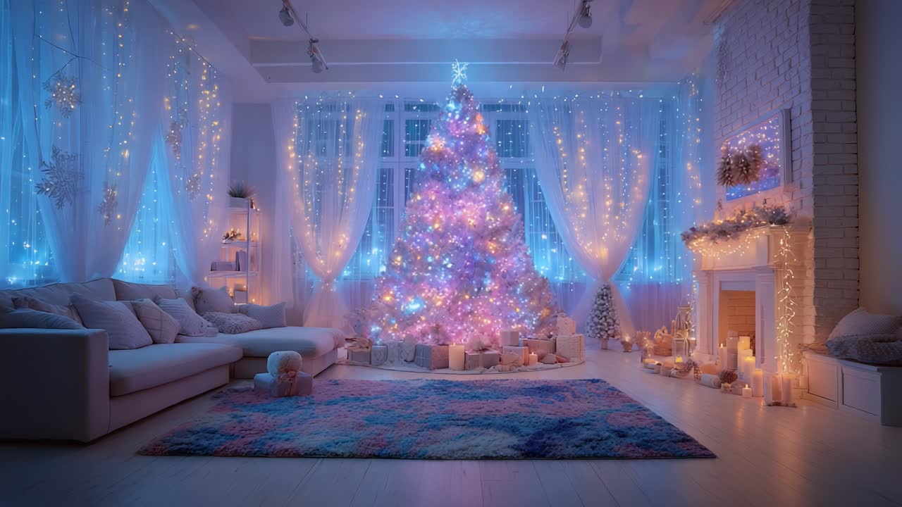 A Stunning Holiday Living Room with a Beautifully Decorated Christmas Tree and Magical Blue Lighting, Perfect for Celebrating the Festive Season in a Warm Atmosphere