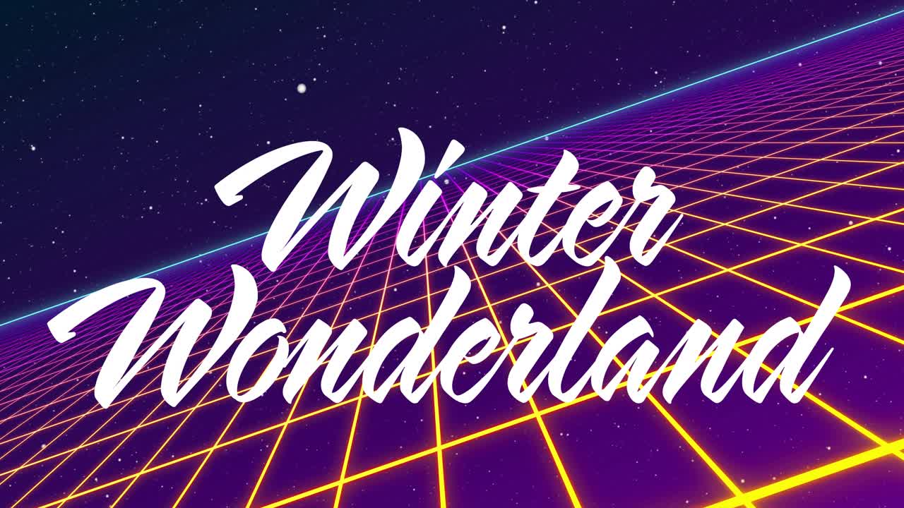 Neon grid receding horizon glow starting Winter Wonderland forming shifting revealing promo title