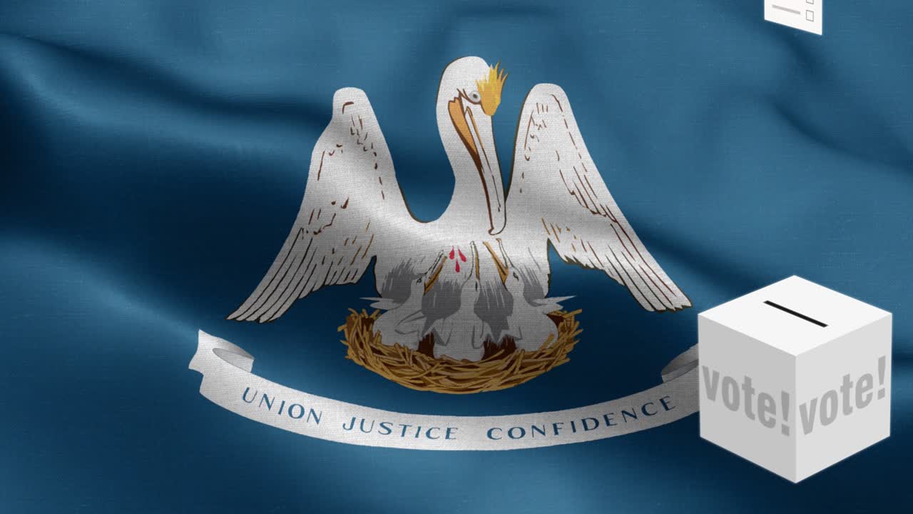 estado de luisiana - las papeletas de votación vuelan a la caja para la selección de louisiana - caja de votación frente a la bandera - elección - voto - bandera nacional patrón de onda del estado de luisiana elementos en bucle - textura de tela y bucle sin fin - bandera en bucle del estado de louisiana