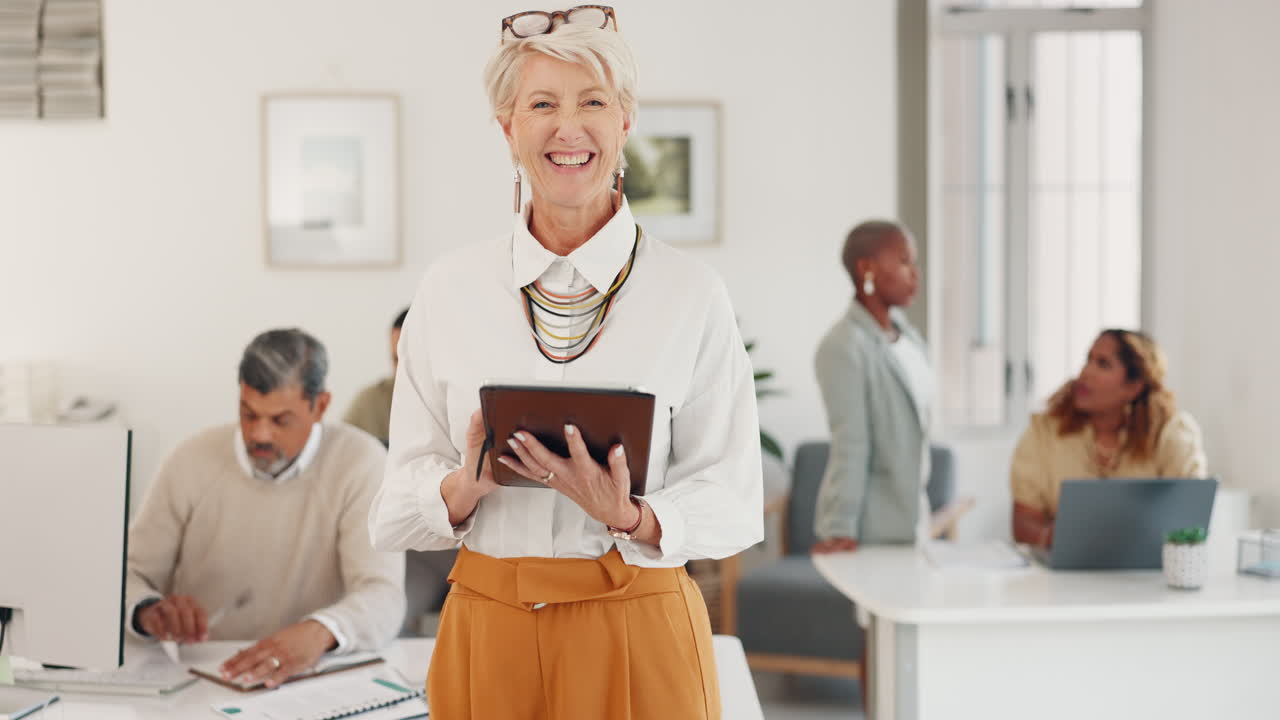 Senior woman, tablet and happy portrait