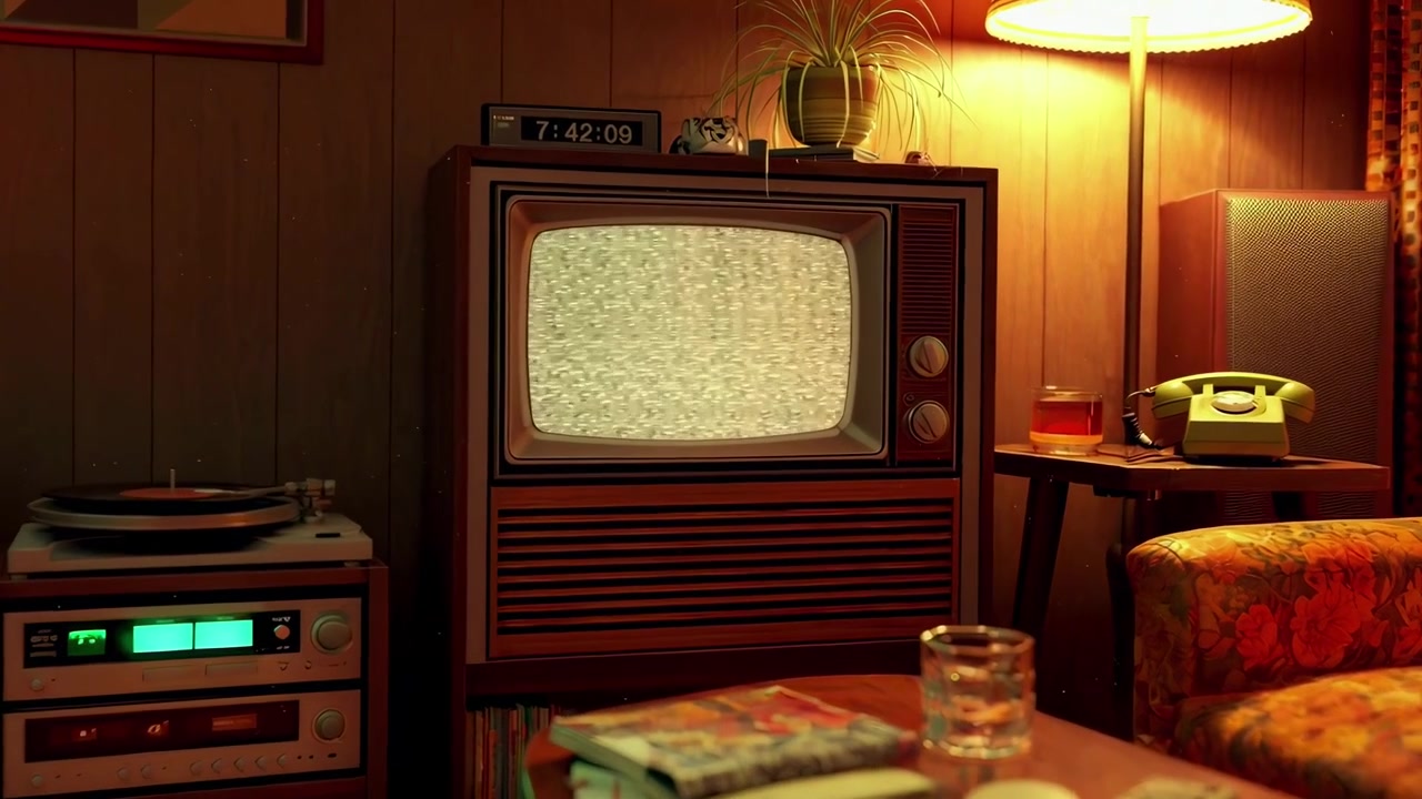 Soggiorno retrò con televisore vintage che mostra rumore statico