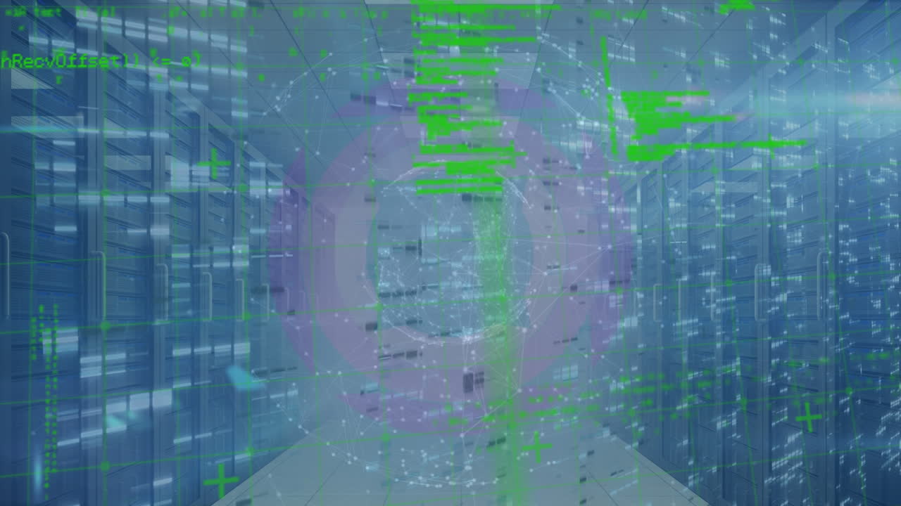 Animation of data processing, mosaic squares and spinning globe against computer server room