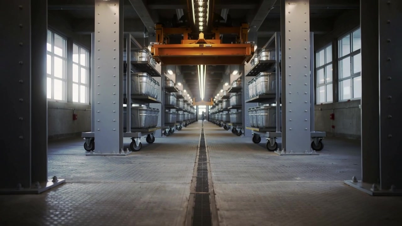Gliding low camera along central aisle at warehouse, showing orange gantry, carts