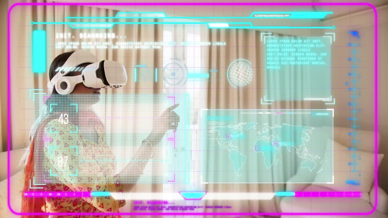 Woman with VR headset making precise hand gestures, manipulating holographic UI exploring map data