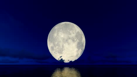 full moon and timelapse clouds against starry sky reflecting on water surface, 4k