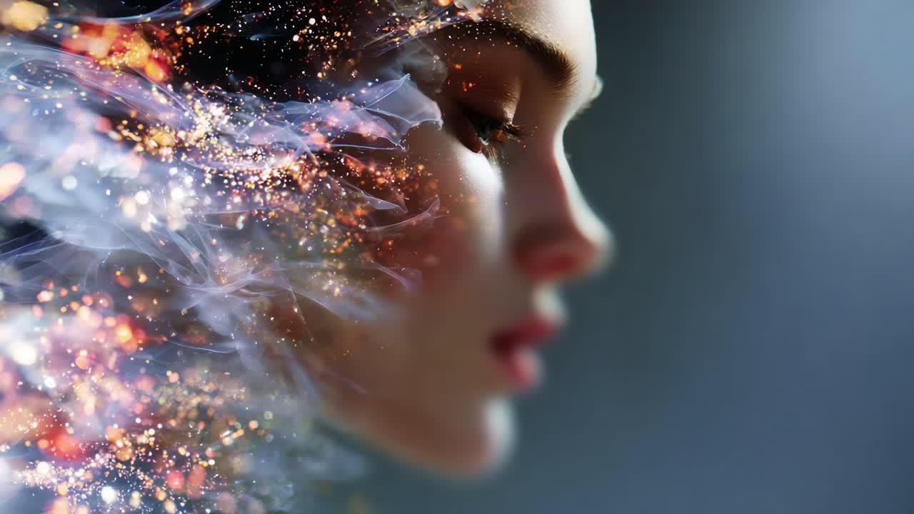 Captivating Portrait of a Young Woman with a Dreamlike Aura, Combining Ethereal Lights and Fluid Motion to Create a Stunning Visual Experience Filled with Emotion and Power