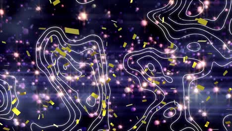 Animation-of-lines-map,-confetti-and-glowing-lights-on-black-background