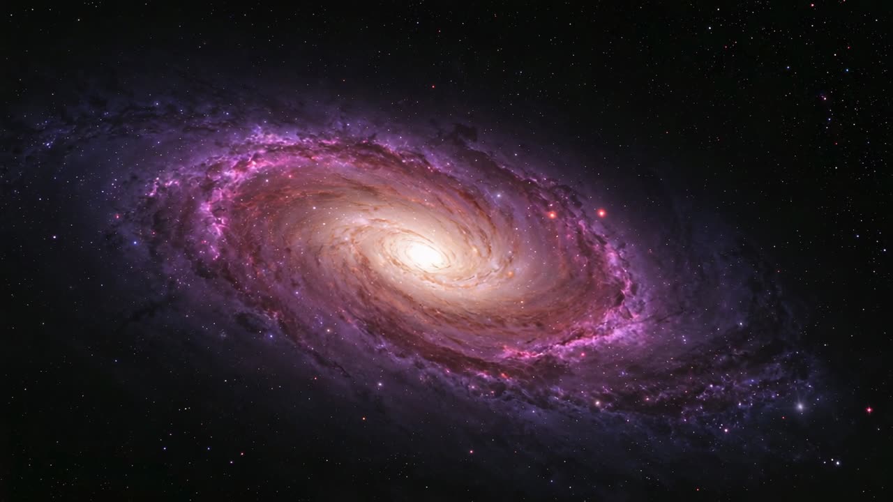 Showing spiral galaxy filling central frame in deep space, with luminous core, pink arms and stars