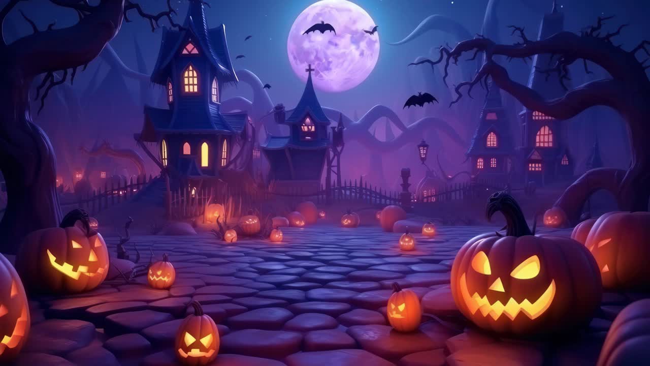 Spooky Halloween village scene with glowing pumpkins and eerie houses under a full moon