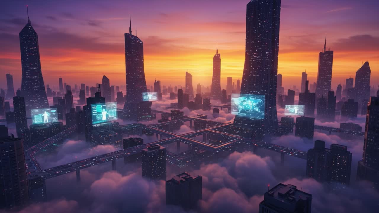 A Stunning Aerial View of a Futuristic Cityscape at Dusk, Surrounded by Wispy Clouds and Bathed in Warm, Vibrant Sunset Colors, Featuring Tall Skyscrapers and High-Tech Displays