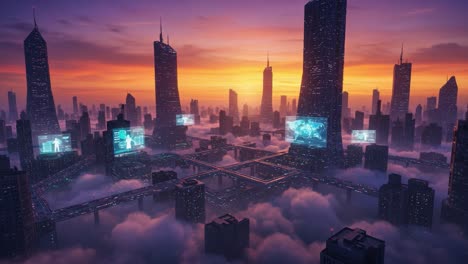 a stunning aerial view of a futuristic cityscape at dusk, surrounded by wispy clouds and bathed in warm, vibrant sunset colors, featuring tall skyscrapers and high-tech displays