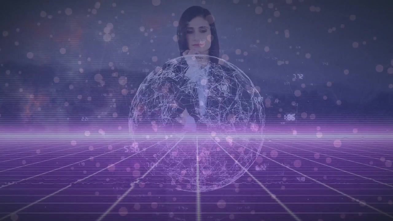 Animación de una red de conexiones con iconos que giran un modelo de hebra de ADN y procesamiento de datos.