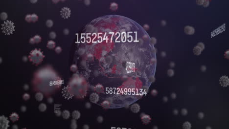 digital animation of multiple changing numbers and covid-19 cells floating against globe