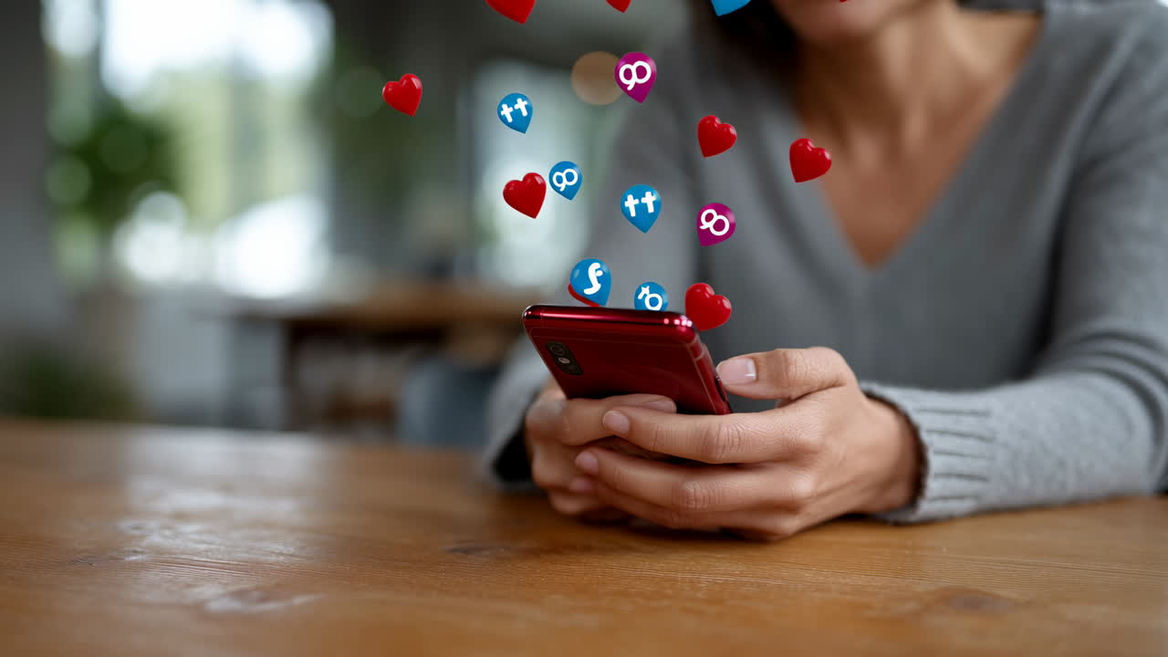 Persona que usa las redes sociales en el móvil interactuando con su smartphone, mostrando iconos de «me gusta» en un ambiente acogedor y disfrutando de las redes sociales.