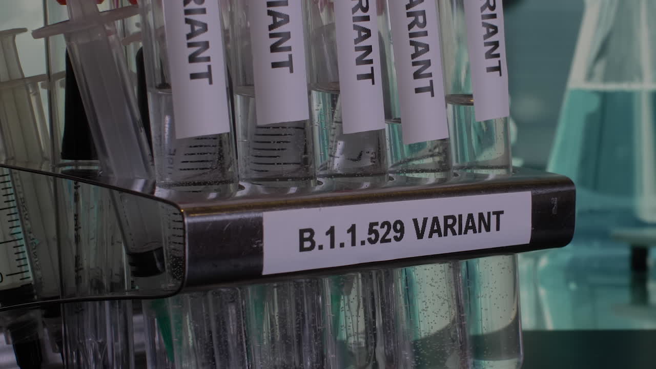 Close up view of tubes containing new varient of corona virus- B.1.1.529, known as Omicron which is currently the centre of most of the research work going on in labs throughout the world.