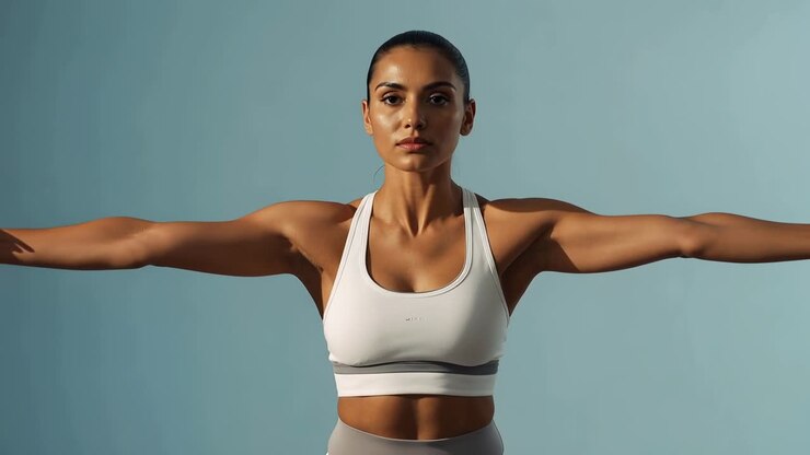 Vertical video: Woman fitness trainer holding arms out starting lowering for posture in white bra