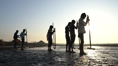 migrant workers working at the salt pan on a sunrise - full shot