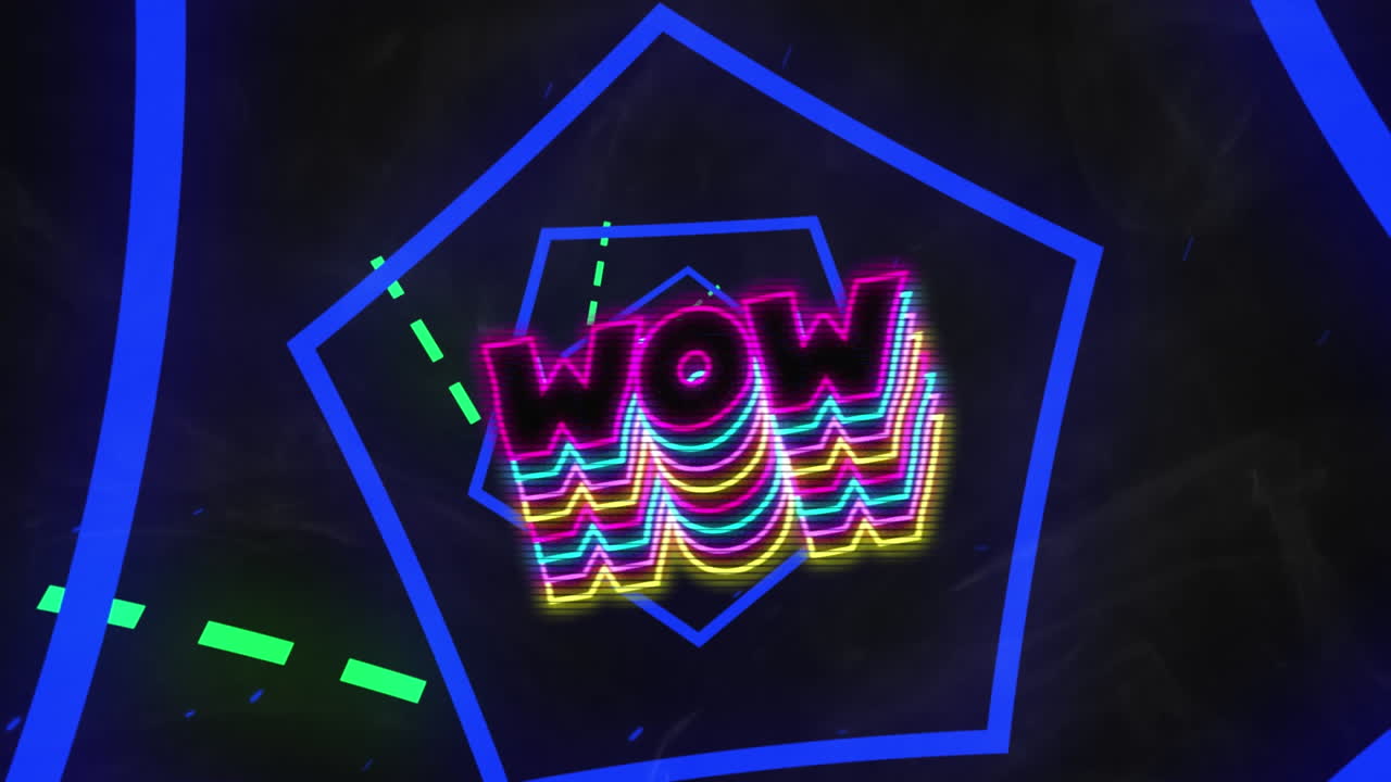 animación de múltiples textos wow coloridos sobre líneas iluminadas en movimiento y túnel hexagonal
