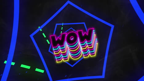animación de múltiples textos wow coloridos sobre líneas iluminadas en movimiento y túnel hexagonal