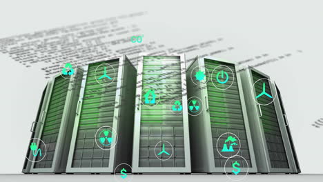 animation of ecology icons and data processing over server room