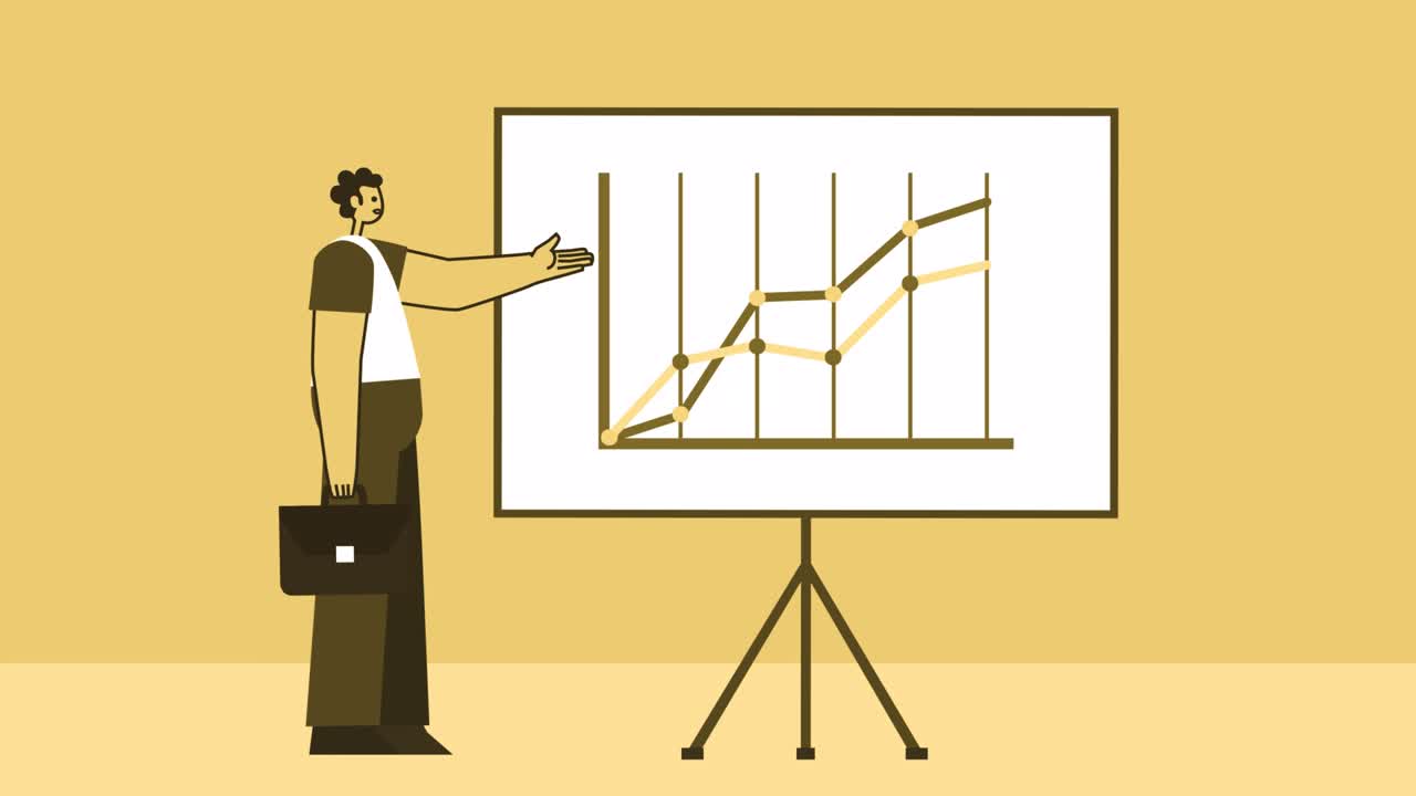 Yellow Style Man with Briefcase Flat Character Demonstrates Growth Chart on Graphboard. Isolated Loop Animation with Alpha Channel