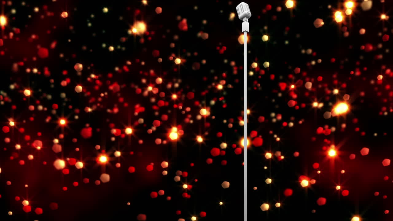 어두운 배경 에 있는 마이크 위 에 반 ⁇ 이는  ⁇ 은 빛 이 날아다니는 애니메이션