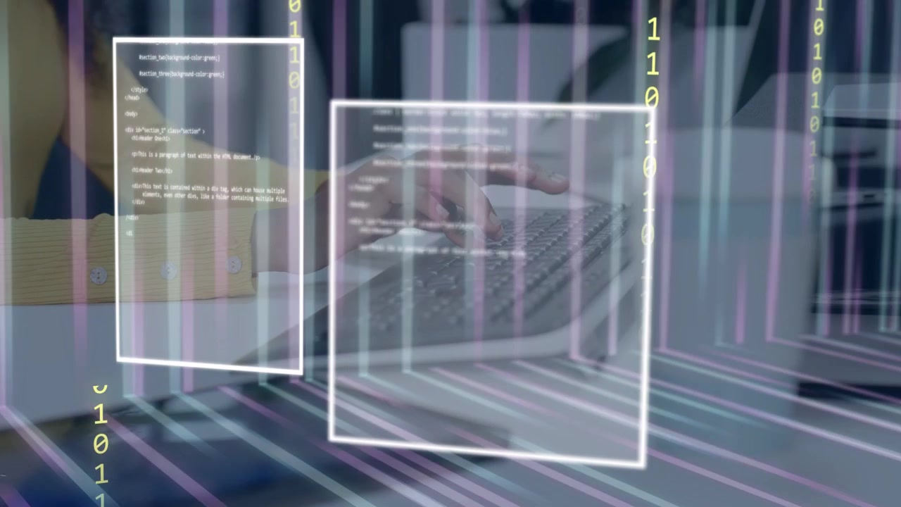 Dev typing keys, causing code panes and binary digits sliding over hands, debugging, fading to desk
