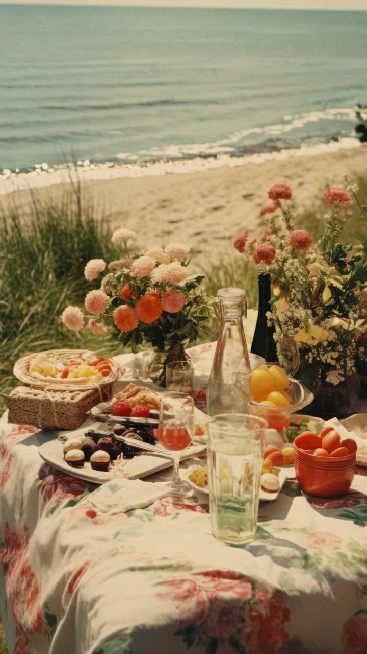 Aerial view of a vintage-style picnic setup by the beach, featuring flowers, fruits, and drinks