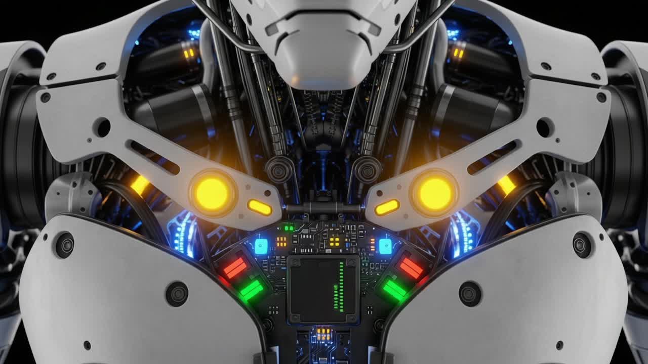 Futuristic Close-Up View of a High-Tech Robot's Core, Showcasing Intricate Circuitry and Illuminated Components, Highlighting Advanced Robotics Engineering and Design