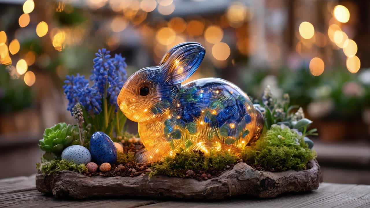 Eine verspielte, beleuchtete Hasenskulptur, umgeben von leuchtenden Blumen und dekorativen Eiern, schafft eine reizvolle Frühlingsatmosphäre in einem bezaubernden Gartenambiente.