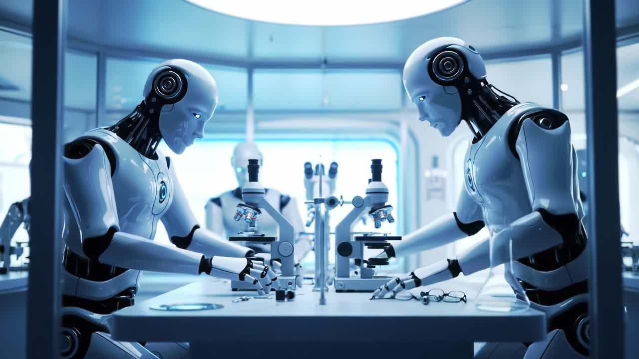 Two robots work diligently in a high-tech laboratory, utilizing microscopes for research. The setting features sleek design and advanced technology, showcasing the future of science and innovation.