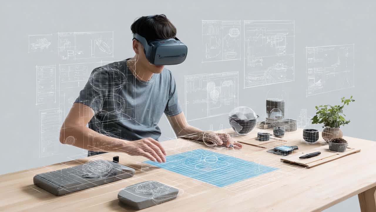 Virtual Reality Exploration: A User Engaging with Digital Models and Graphics in an Innovative Workspace, Merging Traditional Work with Modern Technology for Enhanced Learning and Interaction