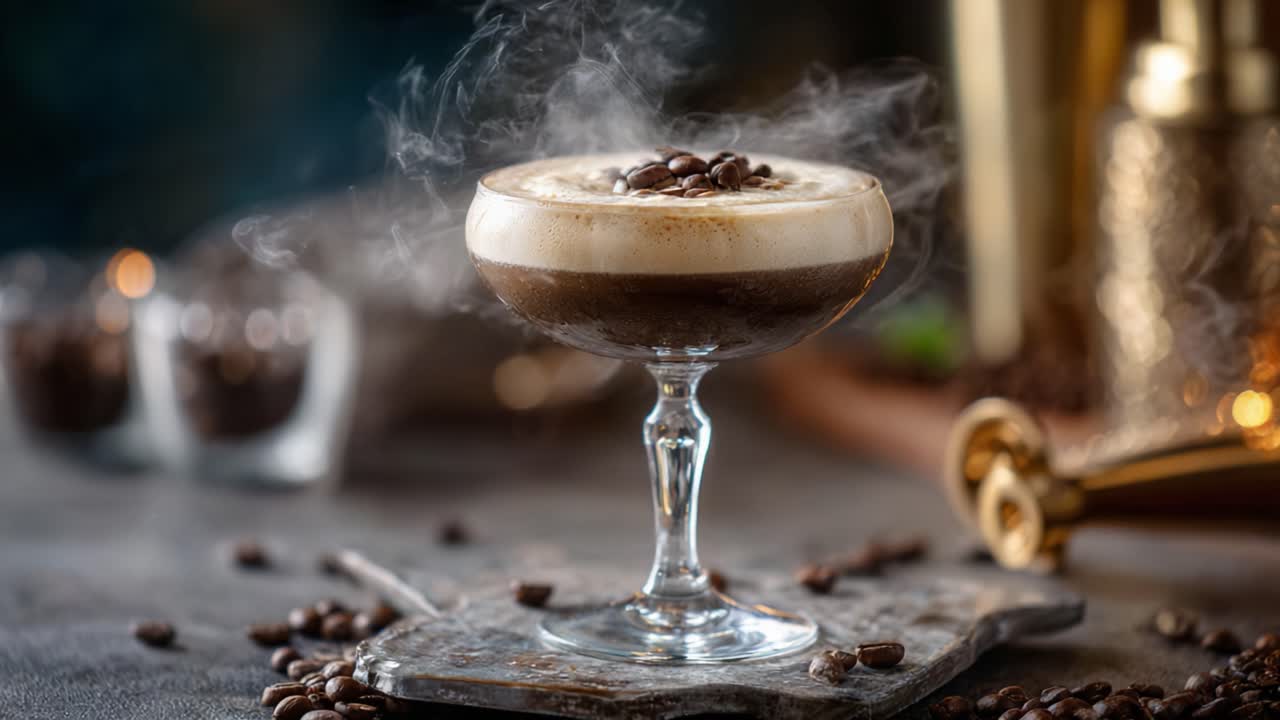 Elegant Espresso Martini with Steaming Coffee Aroma and Rich Foam Topped with Coffee Beans, Perfectly Crafted in a Vintage Glass