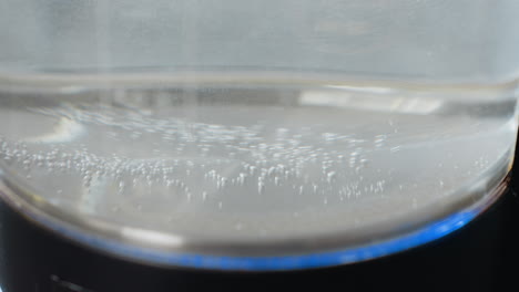 close-up of water boiler heating up with bubbles rising and blue light blinking, indicating the boiling process, transparent kettle shows the water movement as it nears boiling point