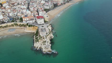 Benidorm-Promenade,-Coast-and-City-Skyline-at-Costa-Brava,-Spain---Aerial-4k-Reveal