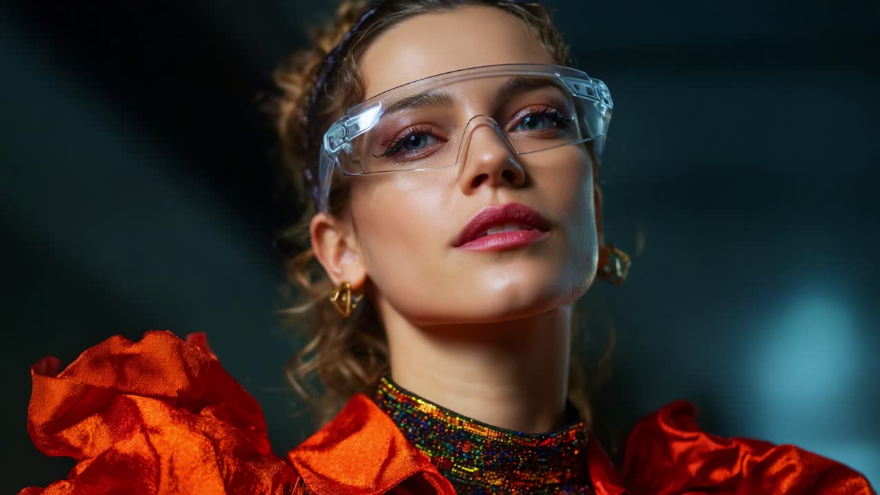 Elegante ritratto ravvicinato di una donna con occhiali all'ultima moda e un vivace abito arancione, catturato con un'illuminazione d'effetto