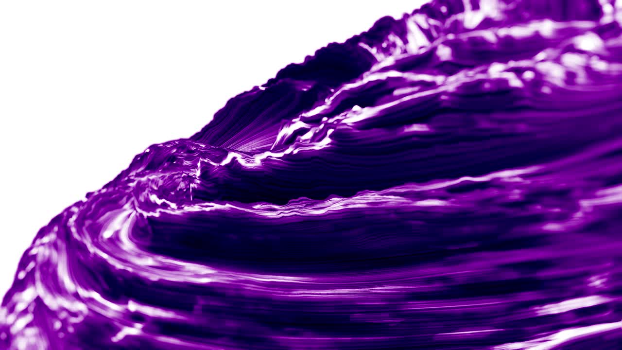 Surface ondulée violette avec des tourbillons sur fond blanc. Arrière-plan 3D en boucle.