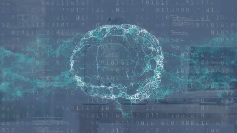 Animation-of-digital-brain-and-dna-strand-over-data-processing-and-desk-with-computer