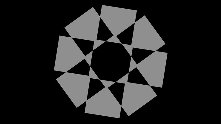 Graphic object in black and white with stroboscopic and hypnotic effect, which rotates clockwise decreasing the size from full screen to disappearing in the center, in 16: 9 video format