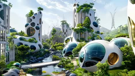 A futuristic city with a river running through it