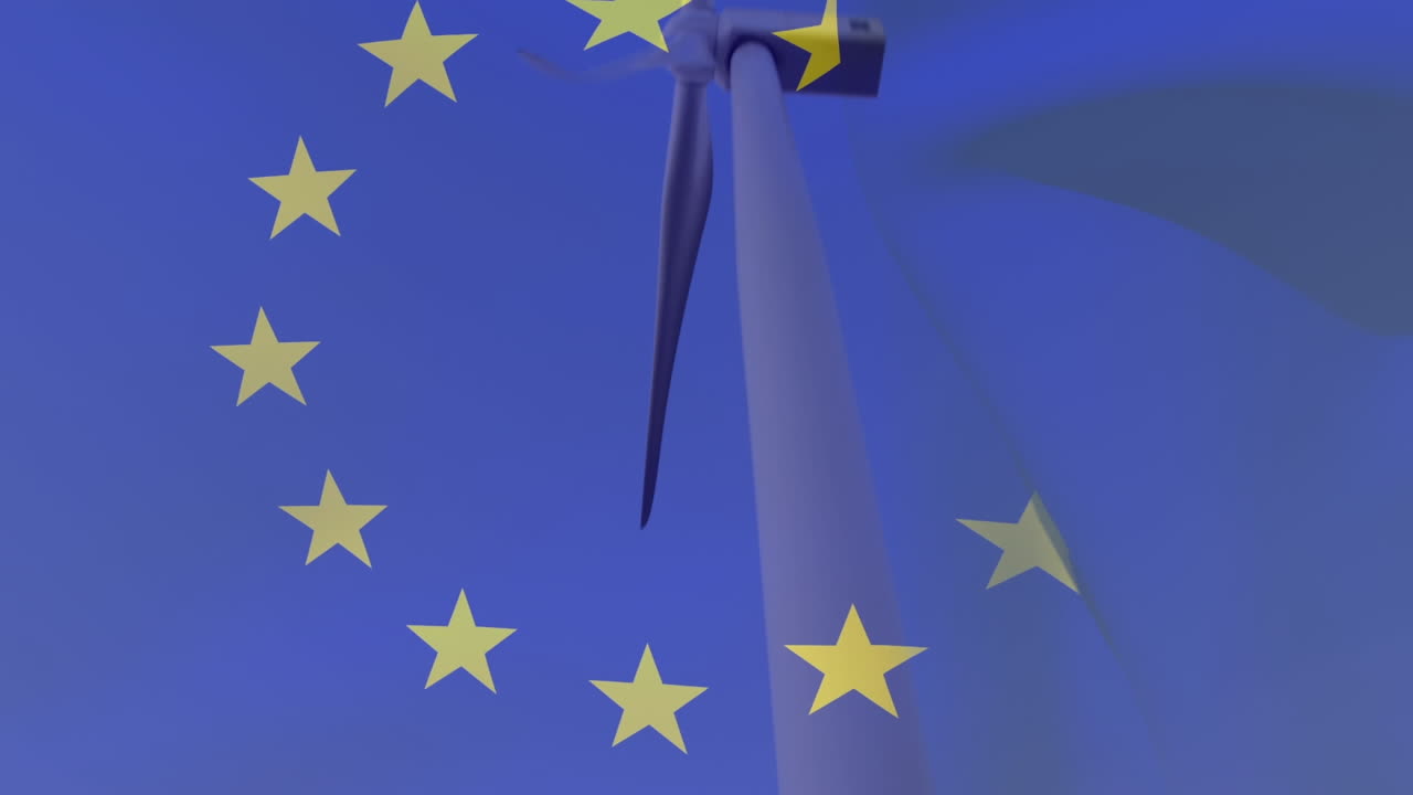 회전하는 풍력 터빈 위에 있는 유럽 연합  ⁇ 발의 애니메이션