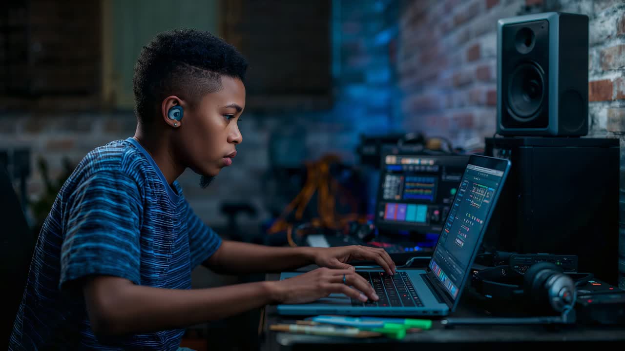 Teenager med blå t-shirt og høretelefoner, der skriver og redigerer audio i sit hjemmestudie, med hjælp fra en bærbar computer